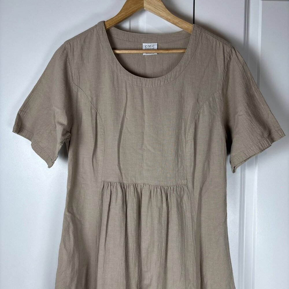 CMC Color Me Cotton Linen-Look Dress Small S Beige Tan Midi Pocket Made In USA - Picture 3 of 12